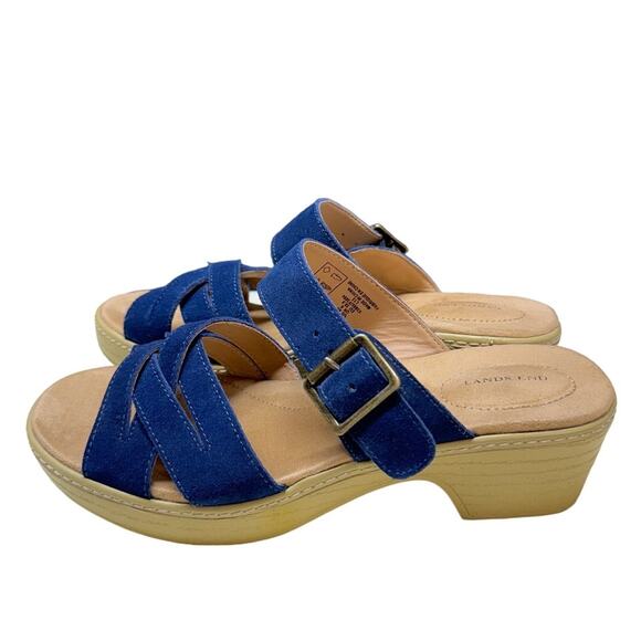 Lands' End Luggage Blue Suede Clara Vlog Platform Block Heel Slide Wedge Women 8 - Picture 2 of 8